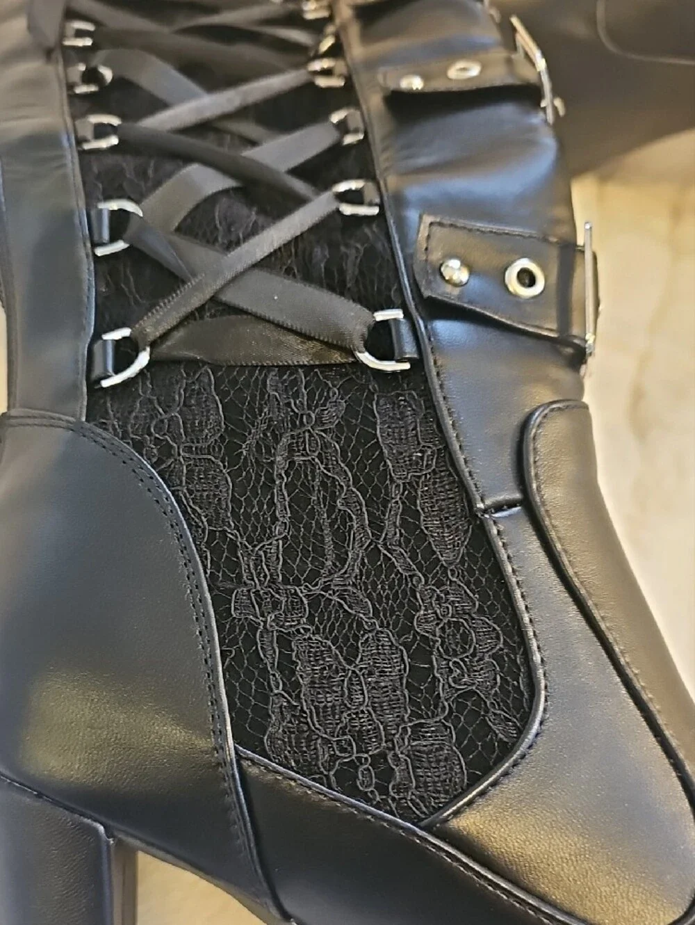 Black Knee High Lace-Up Heeled Boots with Buckle Straps
